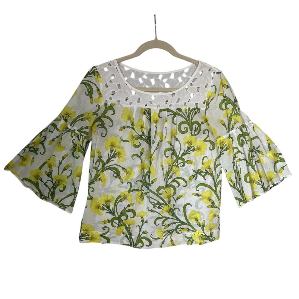 Anthropologie HD IN PARIS Sz 4 White & Yellow‎ Daffodils Floral Top Bell Sleeve